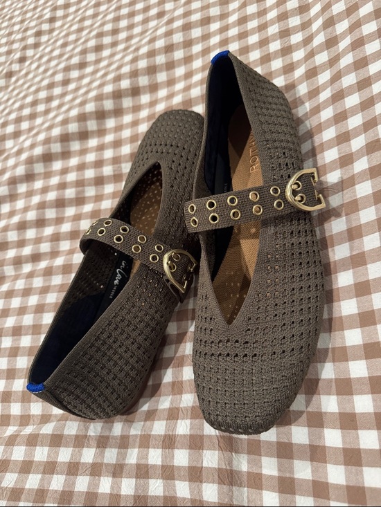 Rothy's Shoes - Rothy's Green Knit Mary Jane Flats with Gold Buckle Detail